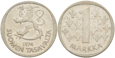 ФИНЛЯНДИЯ 1 МАРКА 1974 S KM 49а медно-никель 3718-1222