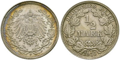 ГЕРМАНИЯ 1/2 МАРКИ 1916 F J. 16, KM 17 серебро UNC 65-246