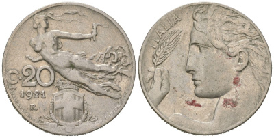 Италия 20 чентезимо 1921 R, Виктор Эммануил III (1900-1946) KM 44 никель 4615-631