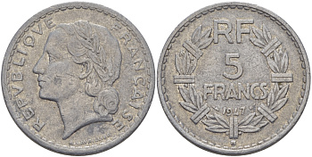 Франция 5 франков 1947 B, открытая 9, тип Лаврийе KM 888b.2, Le Franc 339.11 алюминий 32-1214
