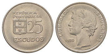 Португалия 25 эскудо 1980 KM 607a медно-никель UNC 4626-337
