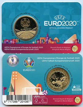 Бельгия 2 1/2 евро 2021 Чемпионат Европы по Футболу в 2020 году, в оригинальном буклете KM NEW латунь UNC 4-3-4-14