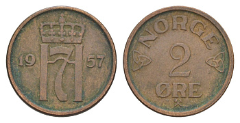 Норвегия 2 эре 1957 Хокон VII (1905-1957) KM 399 бронза 4635-332