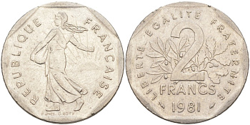 Франция 2 франка 1981 KM 942.1 никель 63-635