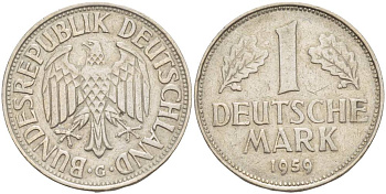 ФРГ 1 МАРКА 1959 G KM 110, J. 385 медно-никель 4551-1236