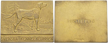 ШВЕЦИЯ ПЛАКЕТКА ND ЗА ПЕРВОЕ МЕСТО НА ВЫСТАВКЕ СОБАК, ШВЕДСКИЙ КИНОЛОГИЧЕСКИЙ КЛУБ, РАЗМЕР 56Х45 ММ., ВЕС 51 ГР. жёлтый металл 1084-1-21