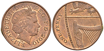 Великобритания 1 пенни 2010 Елизавета II (1952-2022) KM 1107, Spink B6 сталь плакированная медью 4609-729