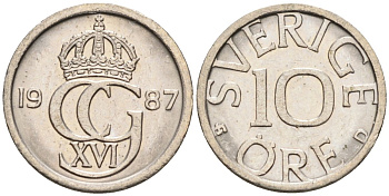 Швеция 10 эре 1987 Карл XVI Густав (1973- ) KM 850 медно-никель UNC 4585-443