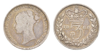Великобритания 3 пенса 1880 Виктория (1837-1901) KM 730, Spink 3914 серебро 4658-953
