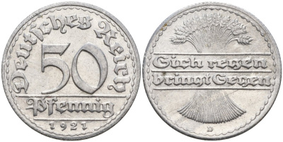 Германия 50 пфеннигов 1921 D KM 27, J.301, Weege 10 алюминий UNC 4584-737