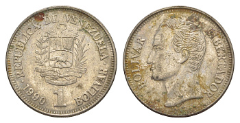 Венесуэла 1 боливар 1990 Симон Боливар, толстый шрифт Y 52a.2 сталь плакированная никелем 4592-822