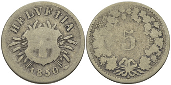 ШВЕЙЦАРИЯ 5 РАППЕНОВ 1850 ВВ KM 5 серебро 26-563