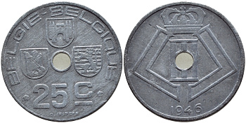 БЕЛЬГИЯ 25 САНТИМОВ 1946 BELGIE-BELGIQUE, ГЕРМАНСКАЯ ОККУПАЦИЯ, ВТОРАЯ МИРОВАЯ ВОЙНА KM 132 цинк 86-1746