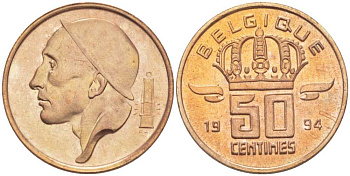 БЕЛЬГИЯ 50 САНТИМОВ 1994 BELGIQUE, БОДУЭН I (1951-1993) KM 148.1 бронза 214-661
