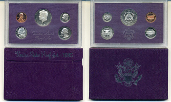 США годовой набор из 5 монет (1, 5, 10, 25 и 50 центов) 1985 в оригинальной упаковке KM PS154 (164a, A192, 195a, 201b и 202b) PROOF 8-2-02-33