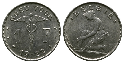 БЕЛЬГИЯ 1 ФРАНК 1922 BELGIE KM 90 никель 4384-114