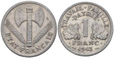 Франция 1 франк 1943 KM 902 алюминий 4601-733