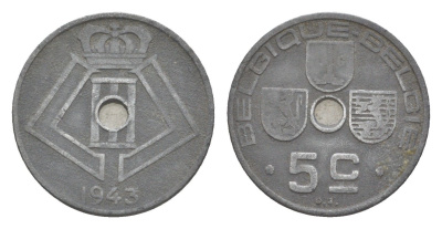 Бельгия 5 сантимов 1943 Belgique - Belgie, Леопольд III (1934-1951), германская оккупация, Вторая мировая война KM 123 цинк 4169-439