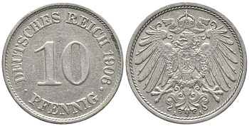 ГЕРМАНИЯ 10 ПФЕННИГОВ 1906 A KM 12, J. 13 медно-никель 100-928