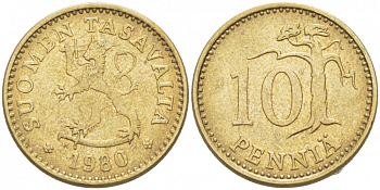 ФИНЛЯНДИЯ 10 ПЕННИ 1980 K KM 46 алюминиевая бронза 3718-137