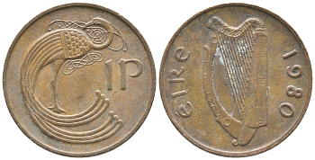 ИРЛАНДИЯ 1 ПЕННИ 1980 ПТИЧКА KM 20 бронза 34-355