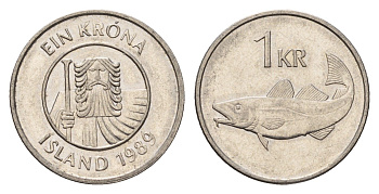 Исландия 1 крона 1989 треска KM 27a сталь плакированная никелем 4691-543