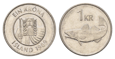 Исландия 1 крона 1989 треска KM 27a сталь плакированная никелем 4691-543