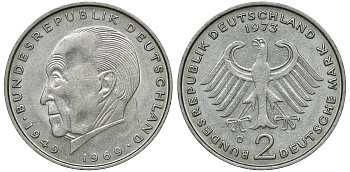 ФРГ 2 МАРКИ 1973 D, КОНРАД АДЕНАУЭР KM 124, J. 406 медно-никель плакированный никелем плакированный никелем UNC 72-446