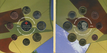 Бельгия евронабор из 8 монет + жетон 2004 140 лет бельгийскому Обществу красного креста, Джон Генри Дунант, жетон с эмалью, в оригинальном буклете UNC 1-5-3-2