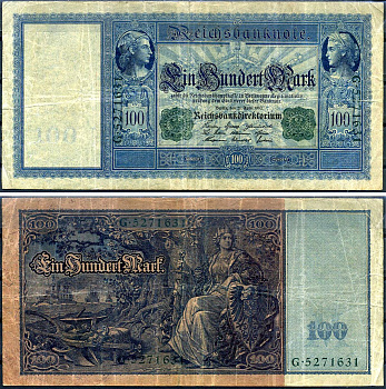 Германия 100 марок 1910 21 апреля 1910, зеленая печать, Меркурий и Церера, белая бумага Pick 43 (1) бумага 7191-45-2-2