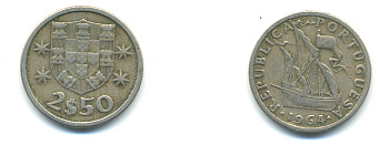 Португалия 2,5 эскудо 1964 парусник KM 590 медно-никель 80-351