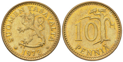 Финляндия 10 пенни 1972 S KM 46 алюминиевая бронза aUNC 218-1053