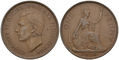 Великобритания 1 пенни 1938 Георг VI (1936-1952) KM 845, Spink 4114 бронза 4112-725