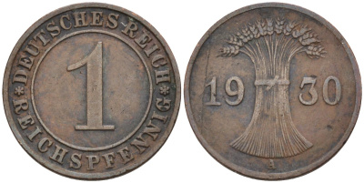 Германия 1 рейхспфенниг 1930 F, Веймарская республика KM 37 бронза 4387-766