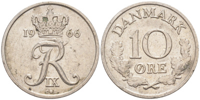 Дания 10 эре 1966 С; S, Фредерик IX (1947-1972) KM 849.1 медно-никель 105-466