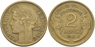 ФРАНЦИЯ 2 ФРАНКА 1941 KM 886 алюминиевая бронза 4403-141