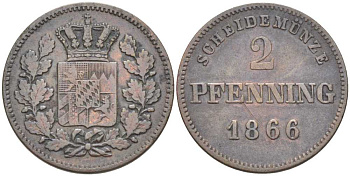 Бавария 2 пфеннига 1866 Людвиг II (1864-1886) KM 478 медь 201-1029