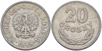 Польша 20 грошей 1949 KM 43а, Parchimowicz 207b алюминий 66-339