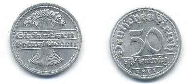 ГЕРМАНИЯ 50 ПФЕННИГОВ 1921 D KM 27, J. 301 алюминий 58-427