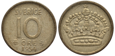 Швеция 10 эре 1954 проба 400, вес 1,44 гр. Густав VI Адольф (1950-1973) KM 823 серебро VF 4181-121