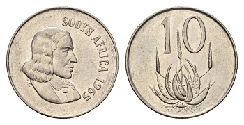 ЮАР 10 центов 1965 Ян ван Рибек (1619-1677), South Africa, легенда на африкаанс, цветок алоэ KM 68.1 никель 4687-326