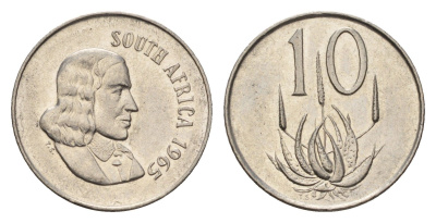 ЮАР 10 центов 1965 Ян ван Рибек (1619-1677), South Africa, легенда на африкаанс, цветок алоэ KM 68.1 никель 4687-326