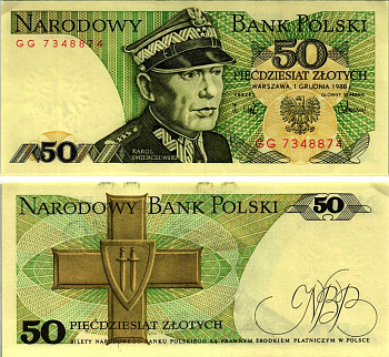 Польша 50 злотых 1988 Кароль Сверчевский, знак Грюнвальдского ордена Pick 142 c бумага аUNC 8607-71-3-2