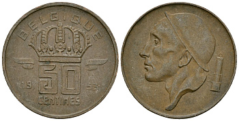 Бельгия 50 сантимов 1953 BELGIQUE KM 144 бронза 4164-1039