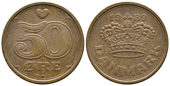 Дания 50 эре 1989 Маргрете II (1972- ) KM 866.1 бронза 89-1826