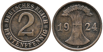 ГЕРМАНИЯ 2 РЕНТЕНПФЕННИГА 1924 J KM 31, J. 307 бронза 24-544
