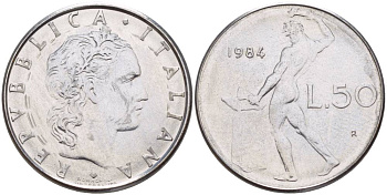 ИТАЛИЯ 50 ЛИР 1984 R, БОГ ОГНЯ ВУЛКАН У НАКОВАЛЬНИ KM 95.1 нержавеющая сталь 4551-414