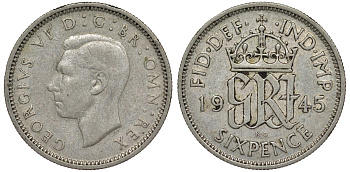 Великобритания 6 пенсов 1945 Георг VI (1936-1952) KM 852, Spink 4084 серебро 4128-817