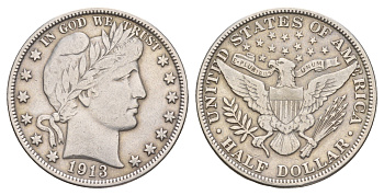 США 1/2 доллара (50 центов) 1913 50 центов Барбера KM 116 серебро    00-822-96