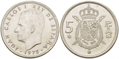 ИСПАНИЯ 5 ПЕСЕТ 1975 ХУАН КАРЛОС I KM 807 медно-никель 3457-722